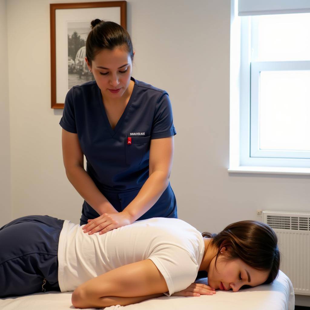 Qualified spa therapist performing a massage on a client in a professional setting.