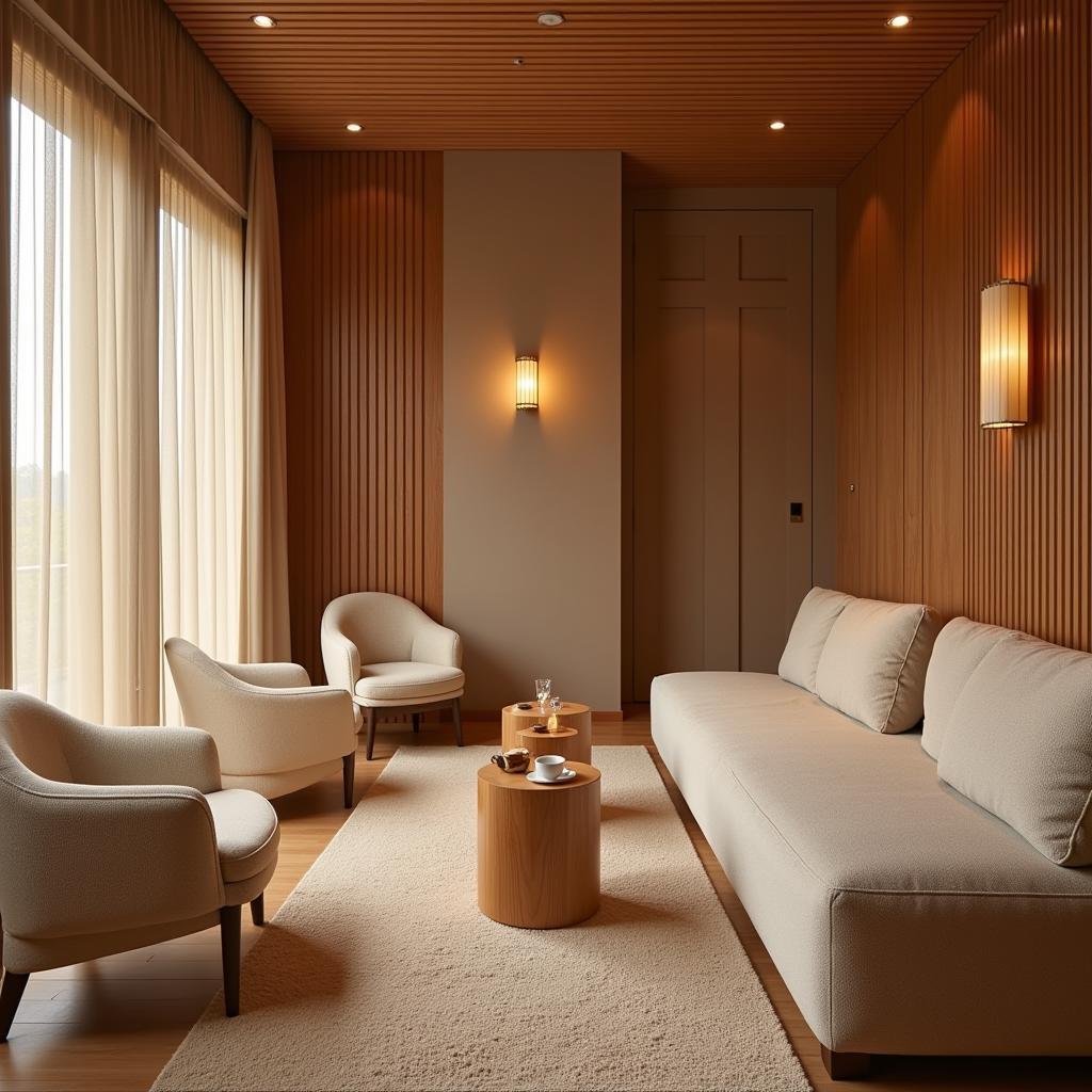 Comfortable relaxation lounge at a Korean spa with plush seating, calming decor, and soft lighting, perfect for unwinding after a treatment.