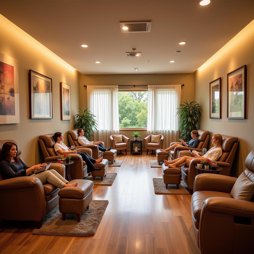 Relaxing atmosphere in a mani-pedi spa with comfortable seating and soft lighting.