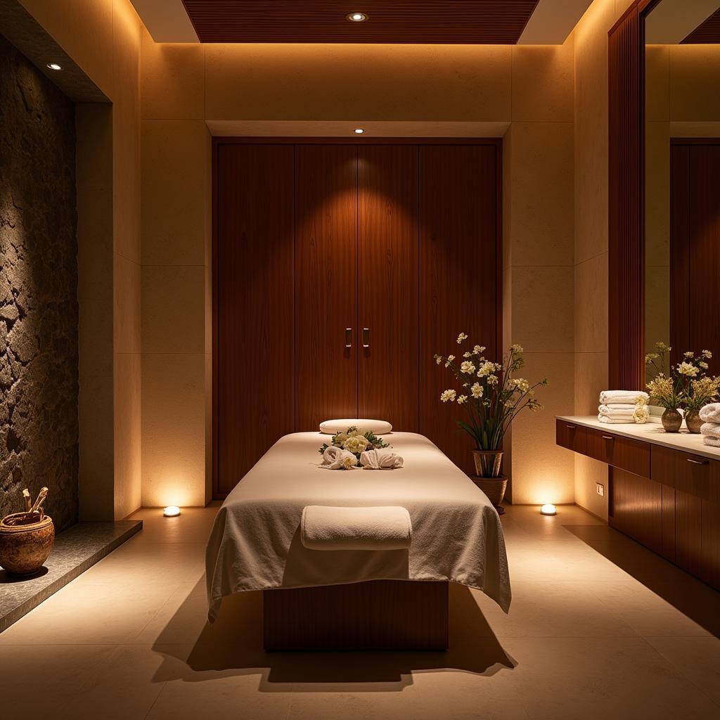 Tranquil and serene spa environment with soft lighting and natural elements.