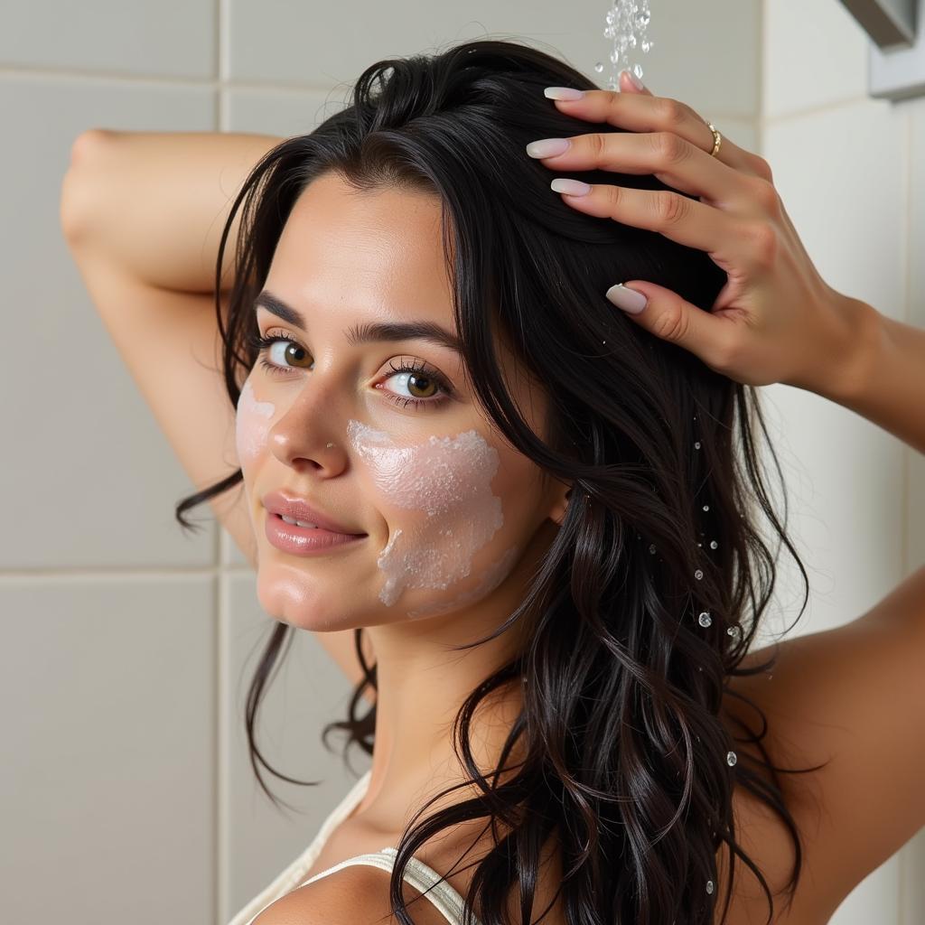 Woman rinsing her hair after a dove hair spa treatment