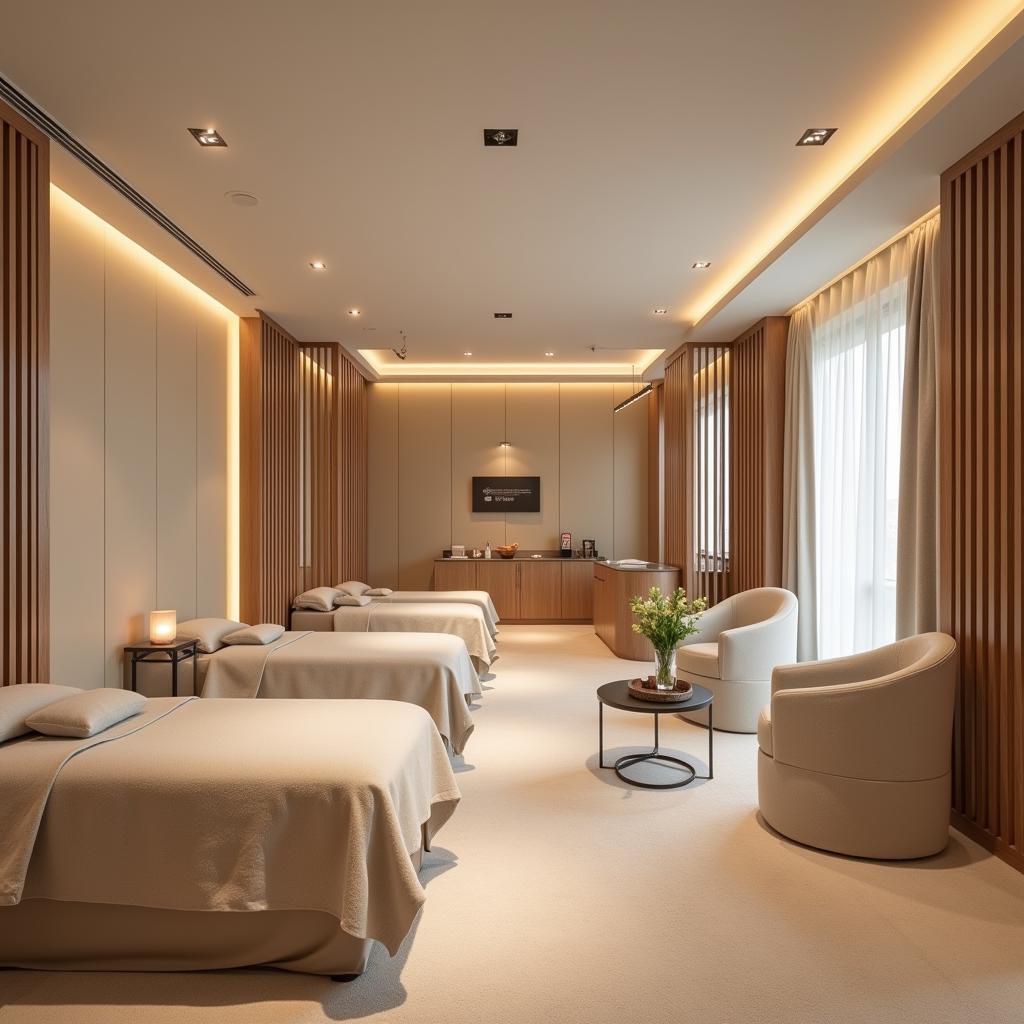 Luxurious interior of a royal beauty clinic and spa, featuring elegant decor, soft lighting, and comfortable treatment areas.