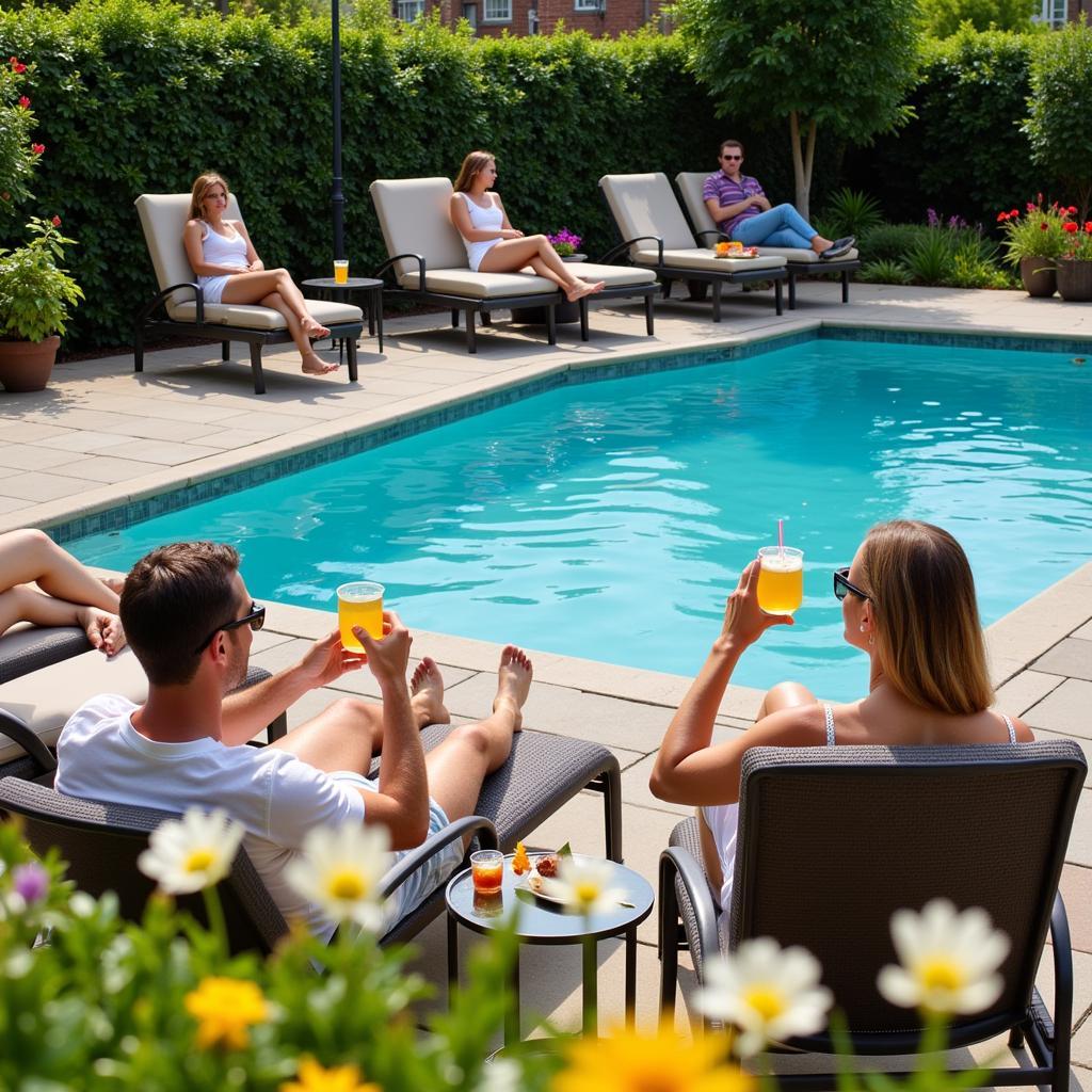 Guests relaxing by the poolside at Seasons Park Resort and Spa, Udaipur, enjoying the sunshine and tranquil atmosphere.