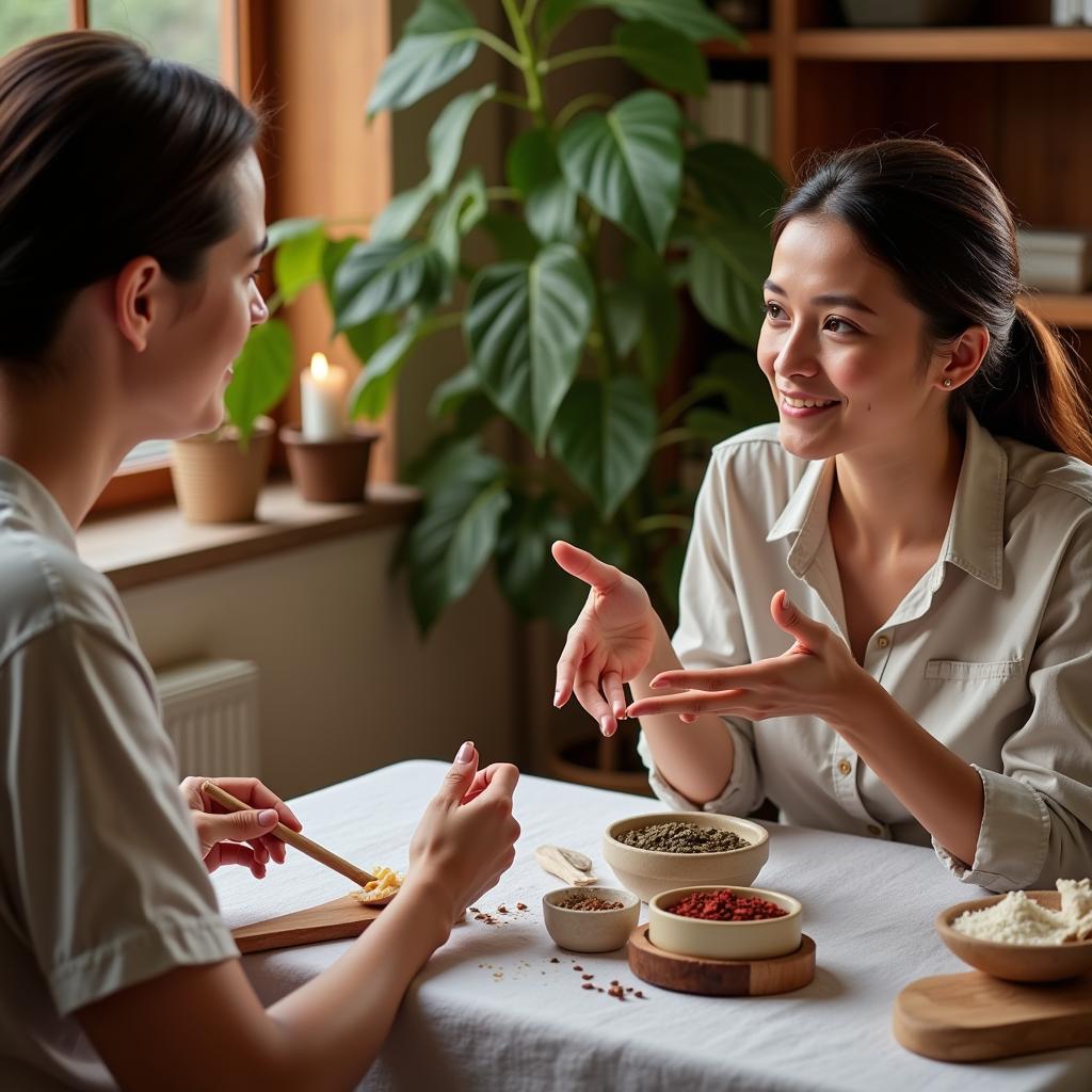 Image showing a person consulting with an Ayurvedic practitioner to choose the right spa package in Kerala.