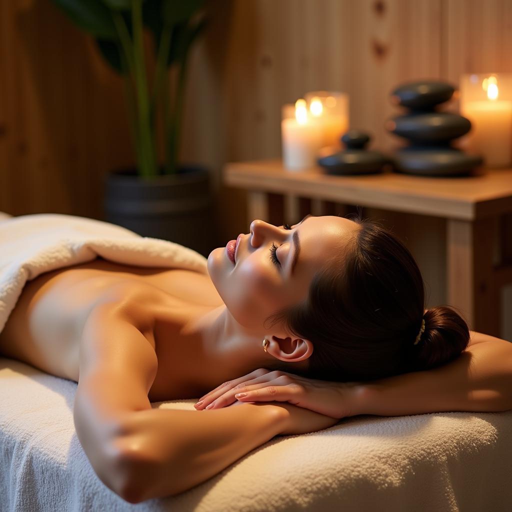 Spa beauty commercial: A woman relaxing in a tranquil spa setting.