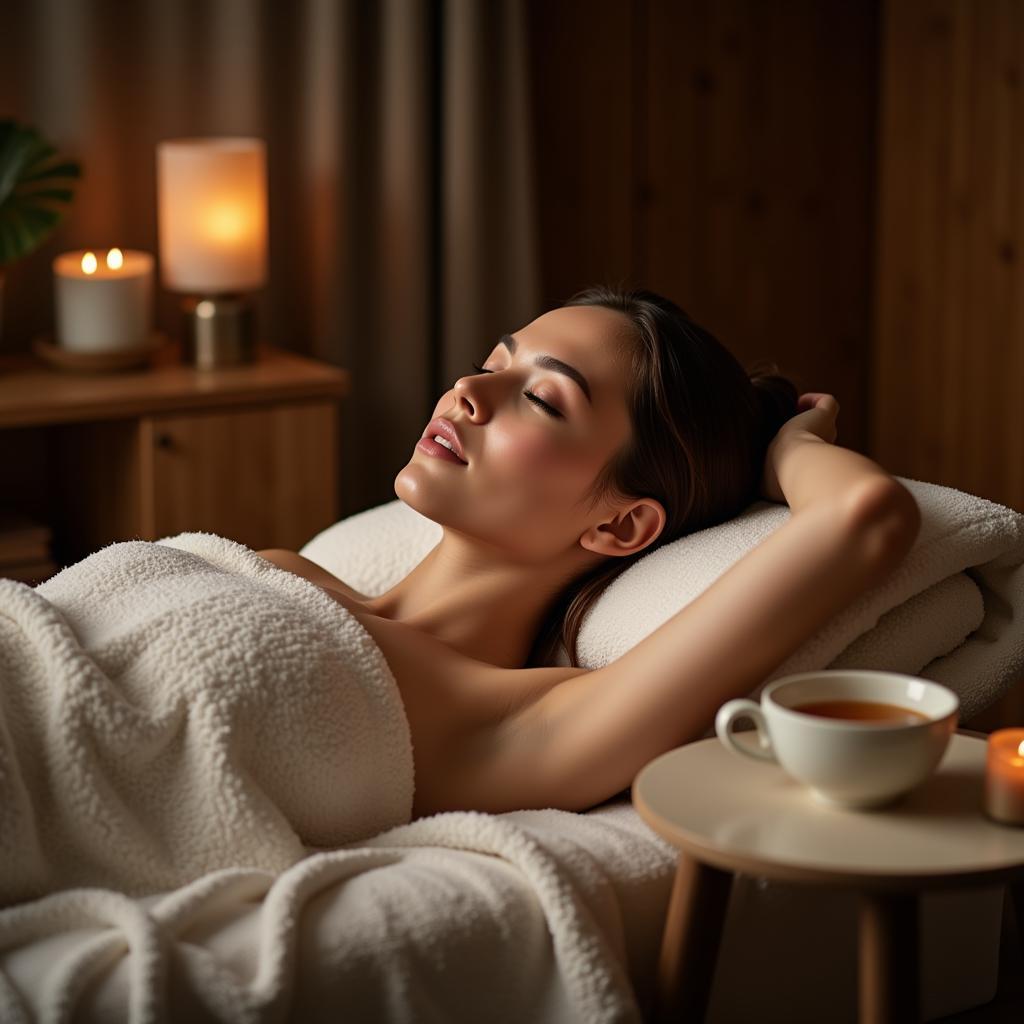 Woman relaxing in a spa blanket enjoying a spa treatment at home.