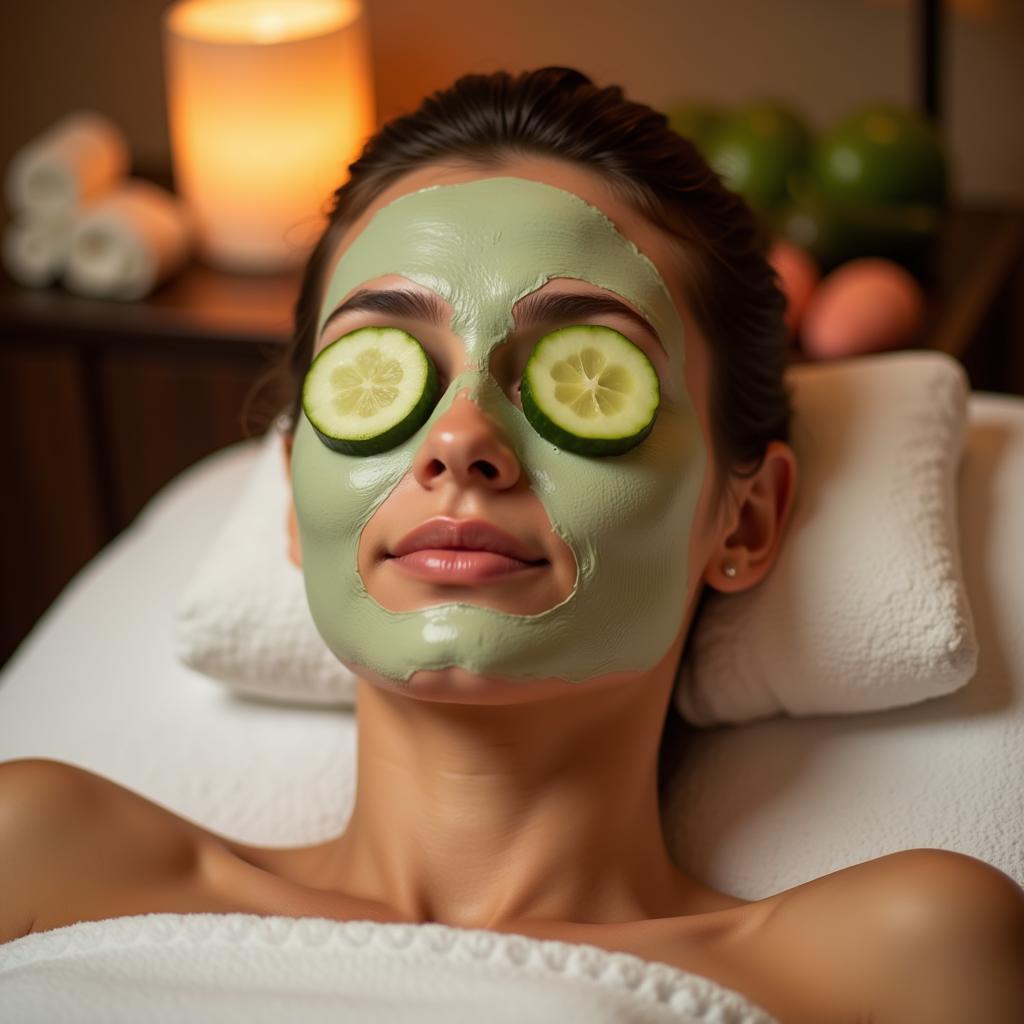 Woman relaxing in a luxurious spa setting, enjoying a facial treatment.