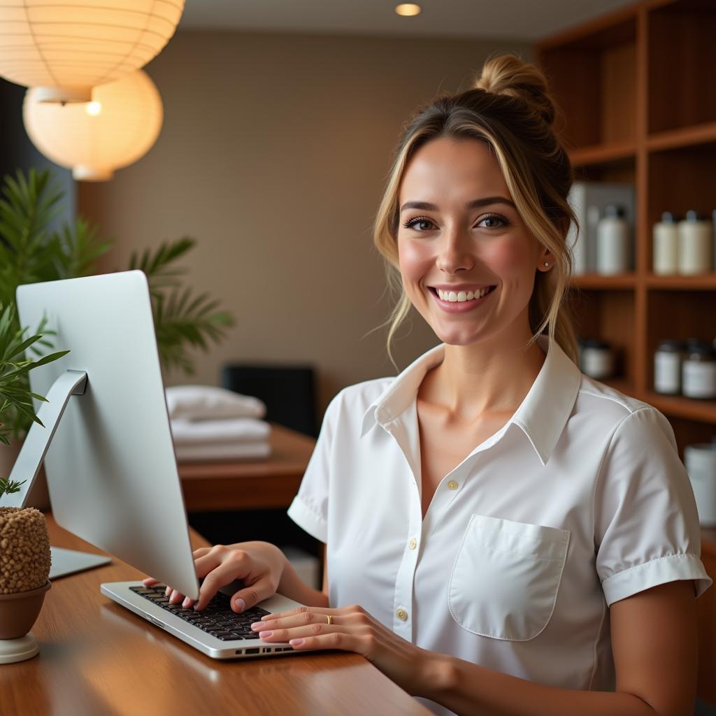 Friendly spa receptionist welcoming clients at the front desk