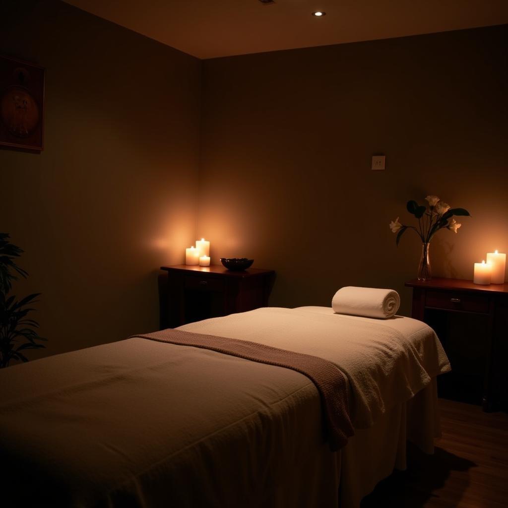 Serene treatment room with dim lighting and comfortable massage table.