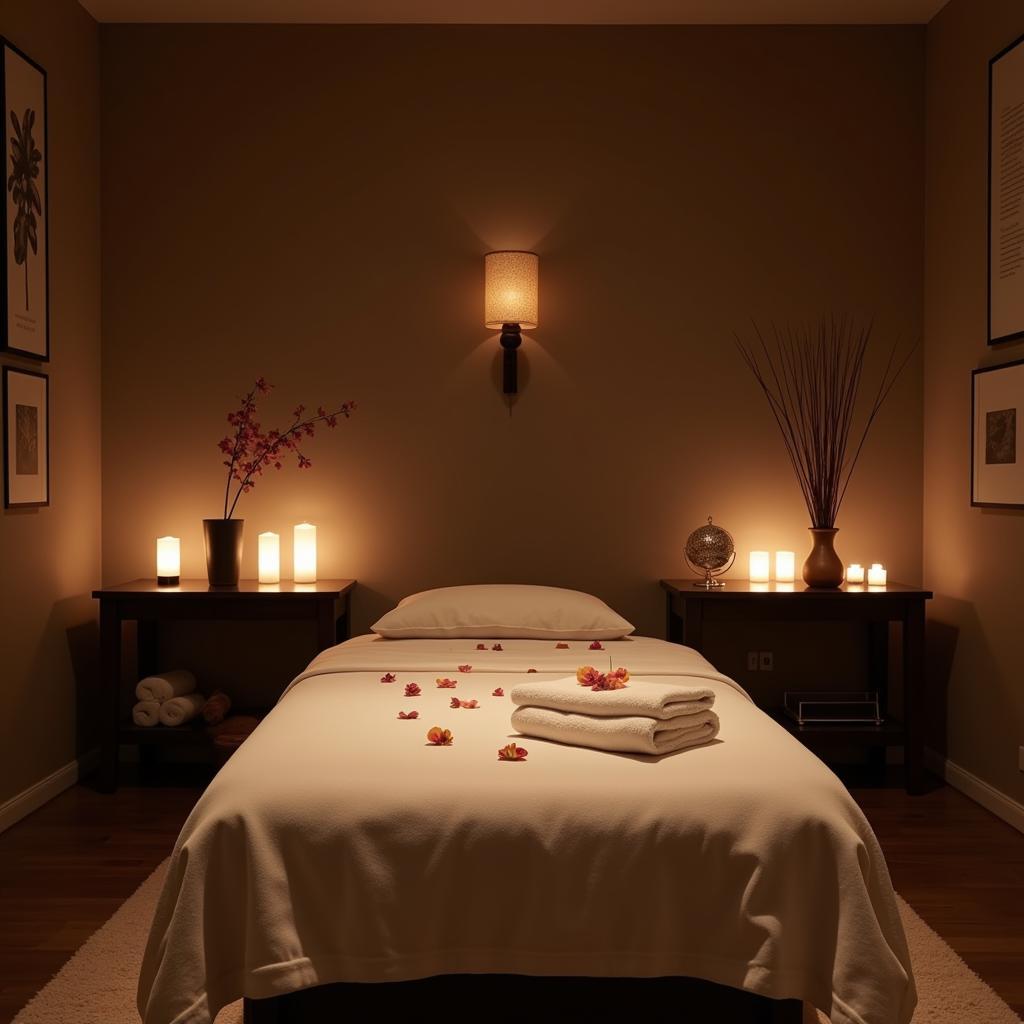 Luxurious treatment room at a Spa Sheraton, featuring soft lighting, calming decor, and a comfortable massage table.