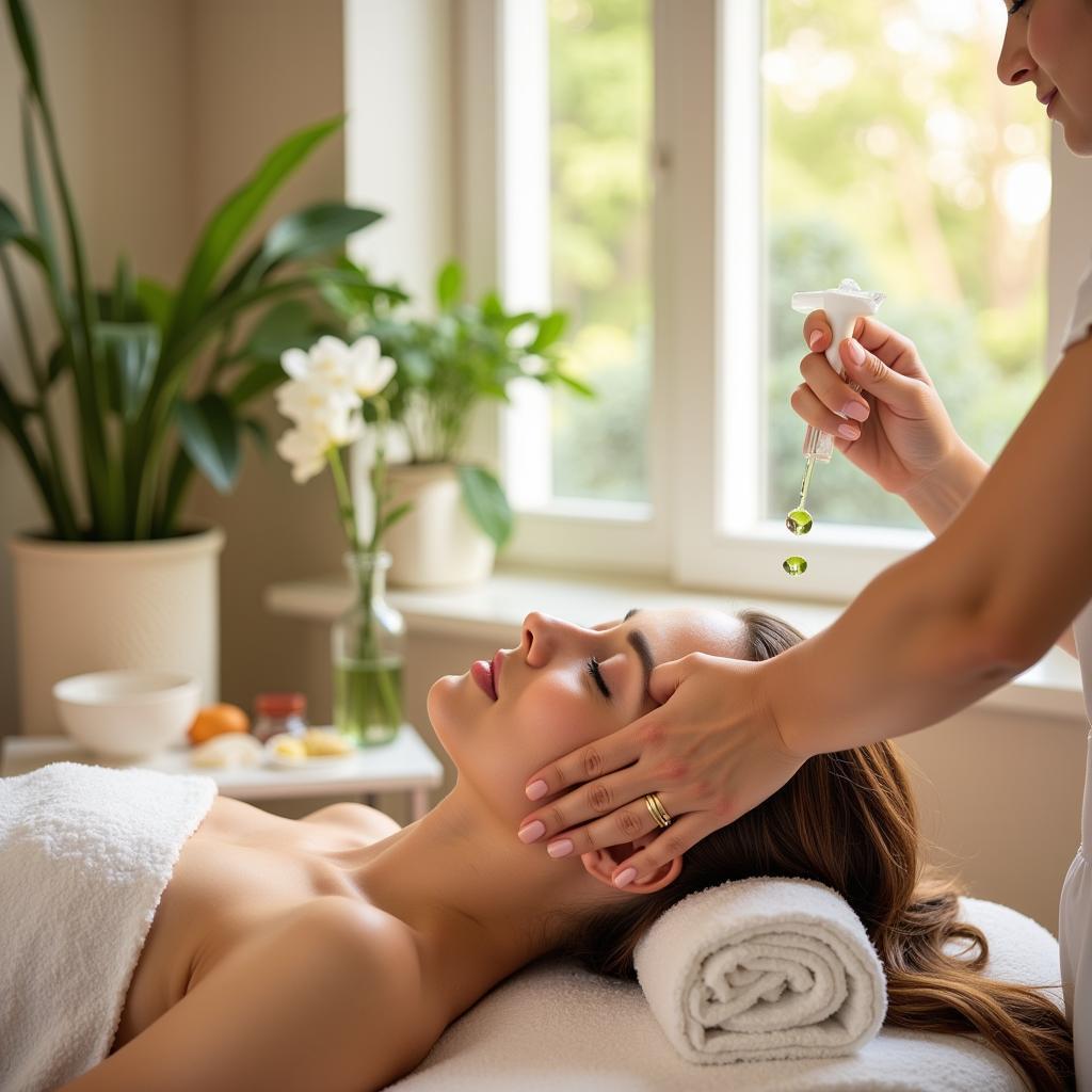 Spring Med Spa Renewal: A woman relaxing during a facial treatment at a bright and airy spa, surrounded by fresh flowers and natural light.