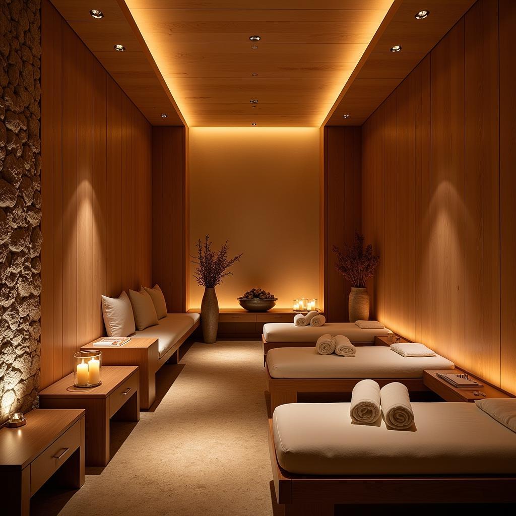 Serene atmosphere of a Surya Spa with warm lighting and natural elements.