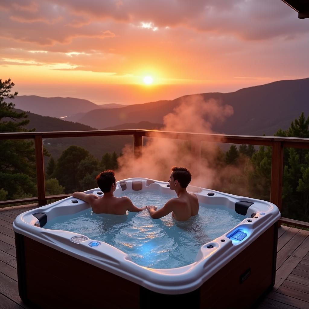 Romantic Couple Enjoying a Two Person Spa Pool at Sunset