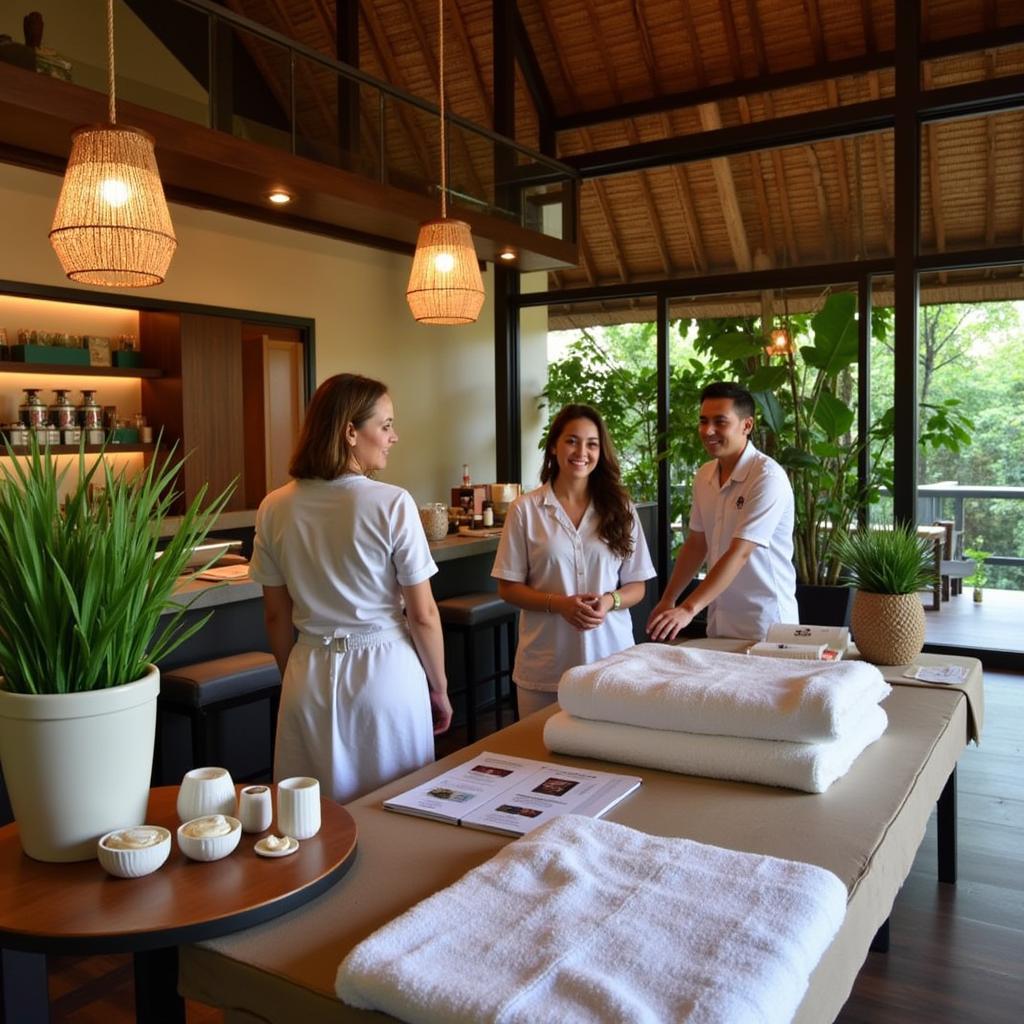 Welcoming reception area of a spa in Ubud with calming decor and friendly staff.