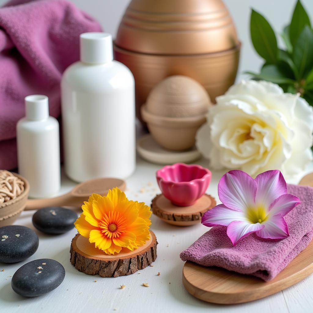 An assortment of spa therapy products and tools, including essential oils, massage stones, and facial masks.