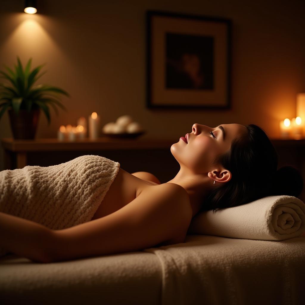 Woman relaxing at a commercial spa with calming aromatherapy and soft lighting.