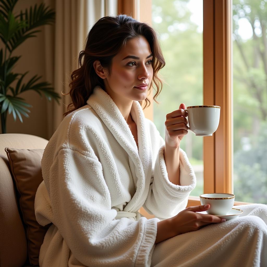 A woman relaxing in a spa robe, enjoying a cup of tea.