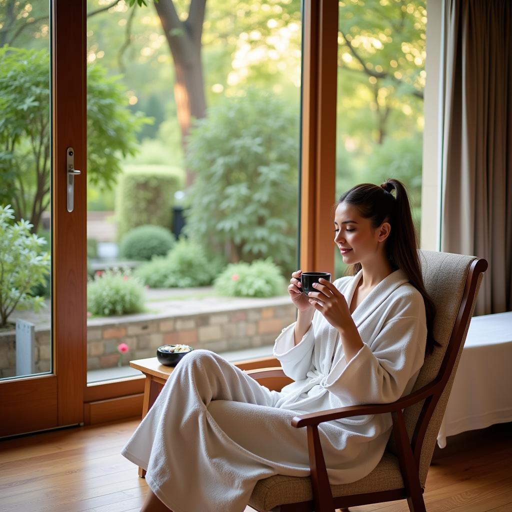 Woman relaxing in a comfortable robe at the spa