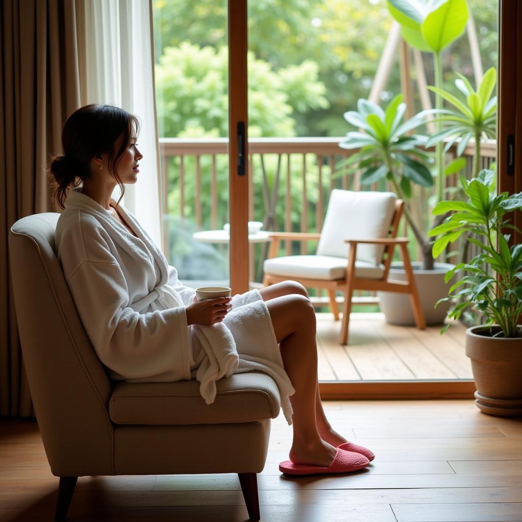 Woman relaxing in spa slippers