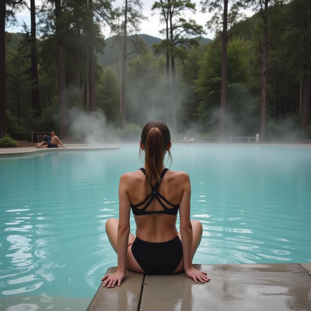 A woman relaxing by a thermal pool in a woodland spa.