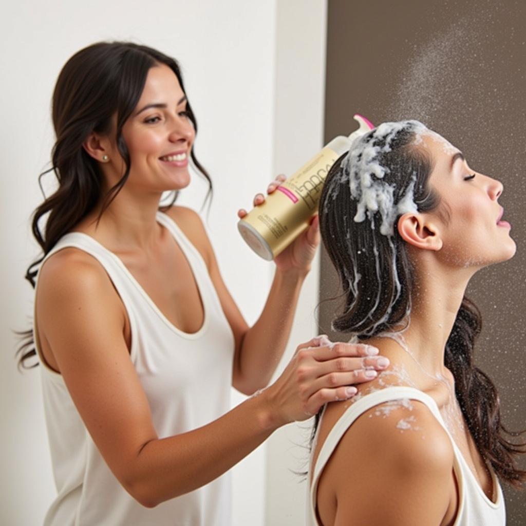 A woman washing her hair with L'Oreal Hair Spa Smooth Revival Shampoo