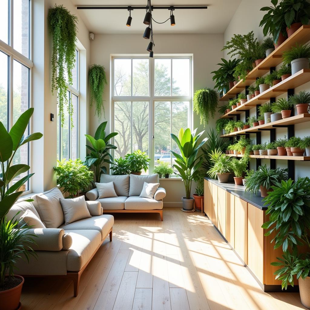 Serene atmosphere of a zen nail spa with natural light, plants, and calming decor.