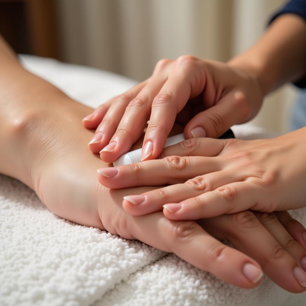 Relaxing hand massage during a zen nail spa treatment.