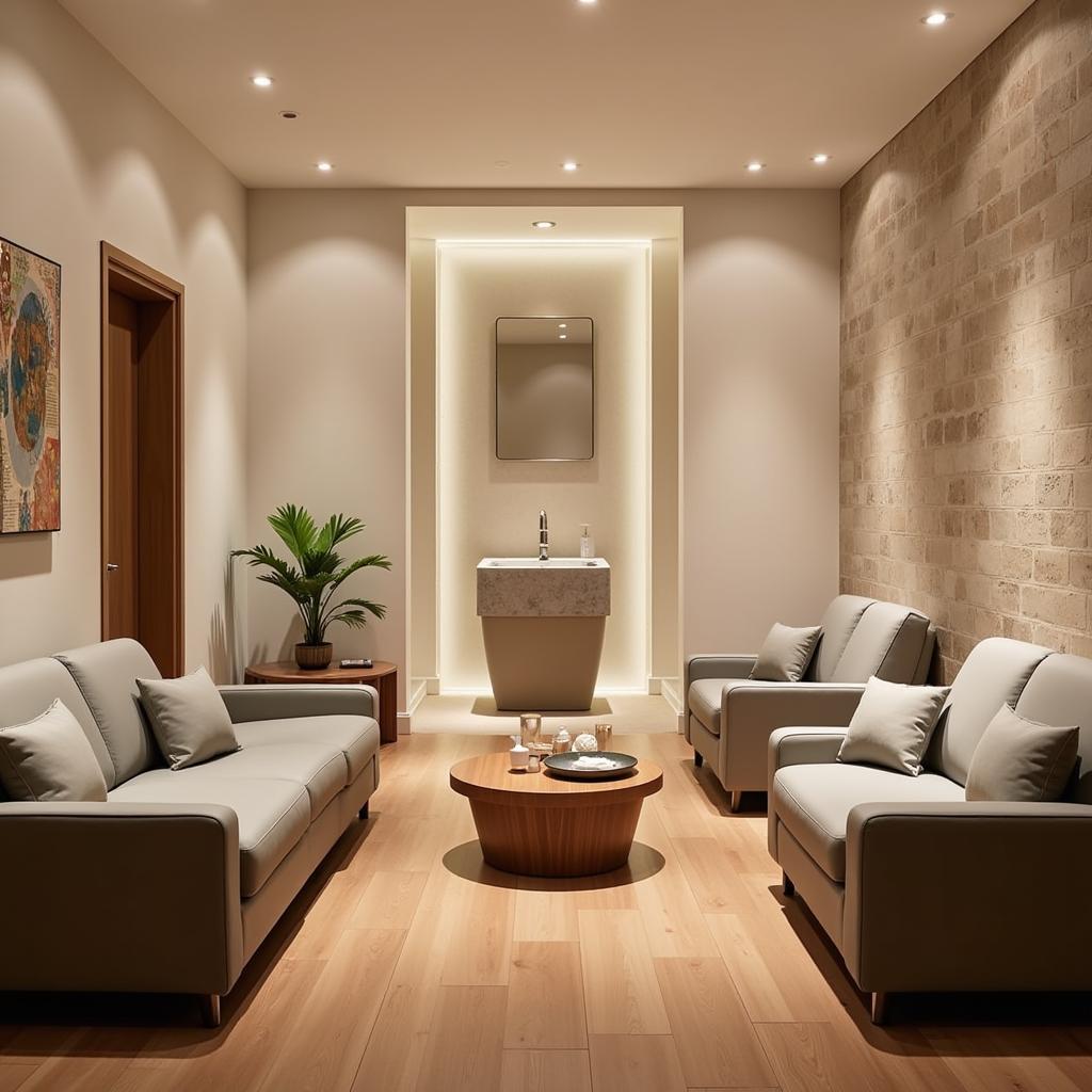 The tranquil relaxation area at the 5th Element Spa in Hyderabad, providing a peaceful space for guests to unwind before or after their treatments.