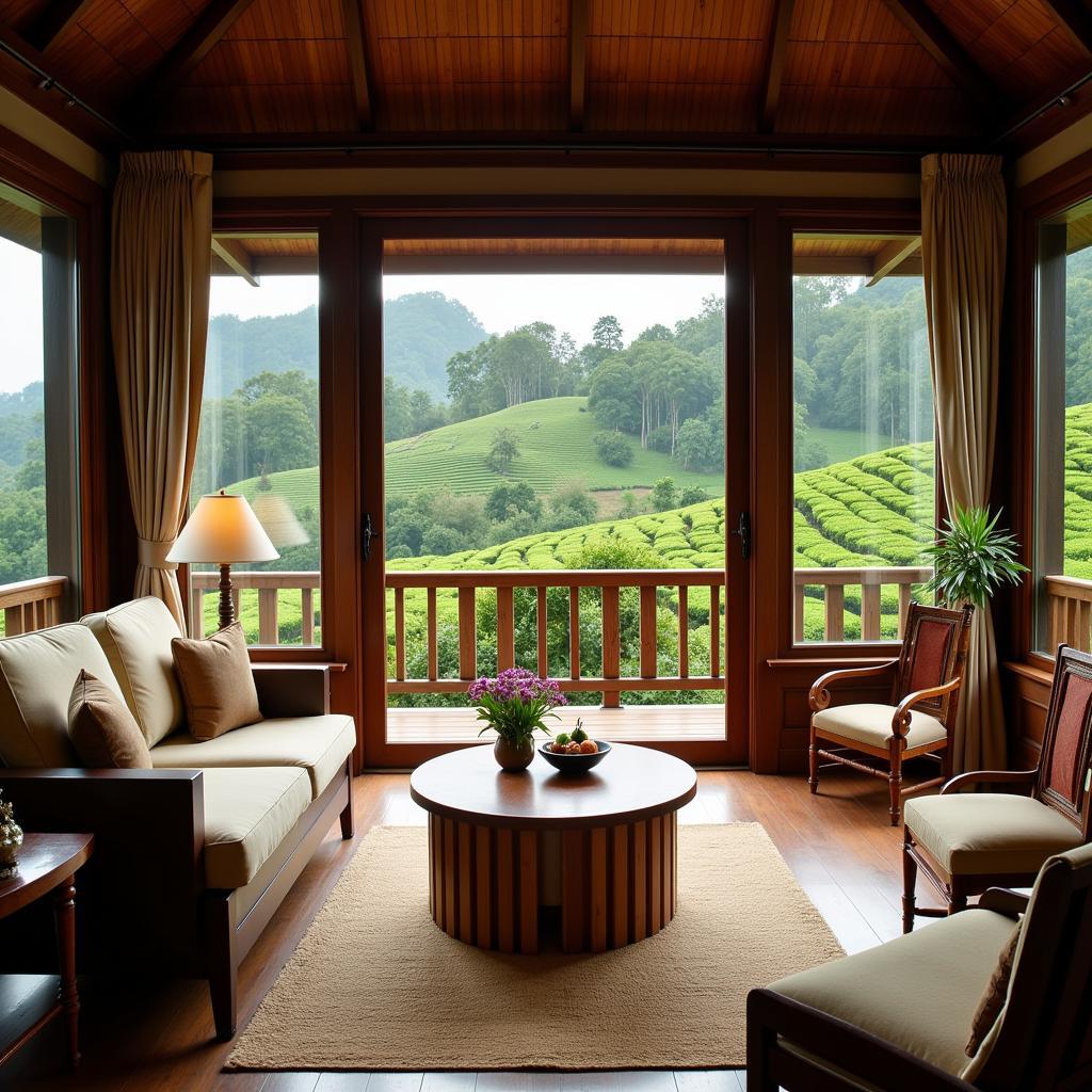 Luxury Chalet at 98 Acres Resort: Interior view of a luxurious chalet at 98 Acres Resort, showcasing the elegant décor, comfortable furnishings, and stunning views of the surrounding tea plantations.