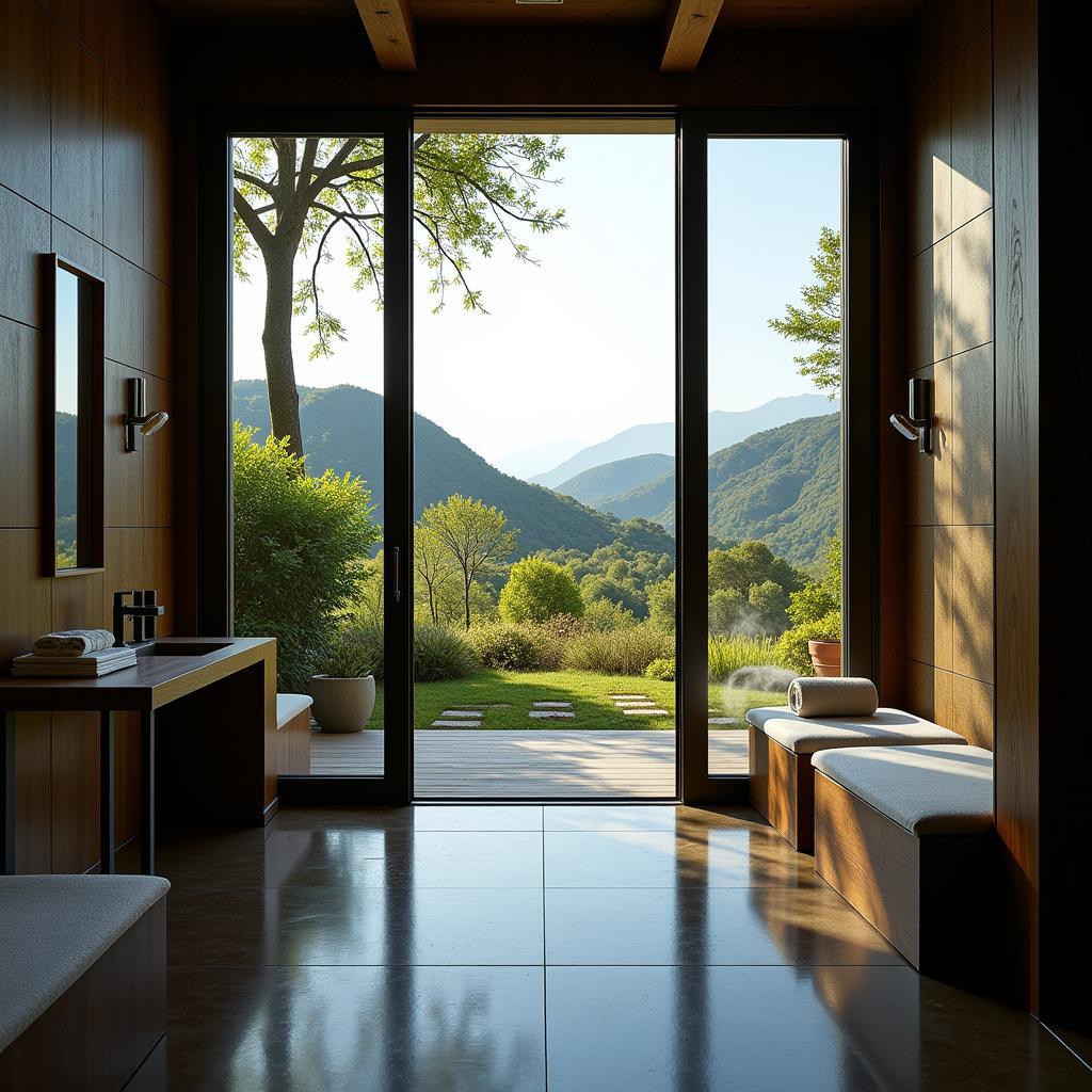 A peaceful view from inside an agrati spa overlooking a tranquil natural landscape.