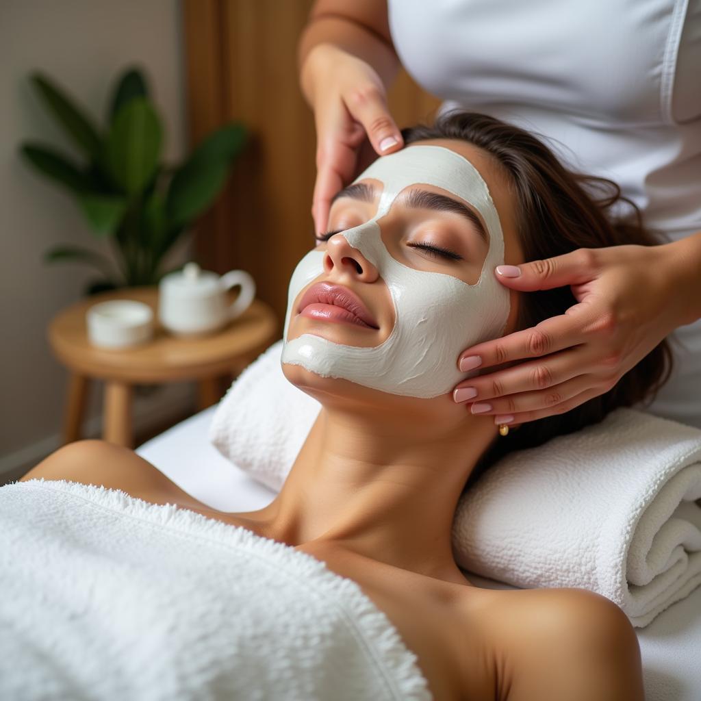 Close-up of a woman receiving a relaxing facial treatment with natural products.