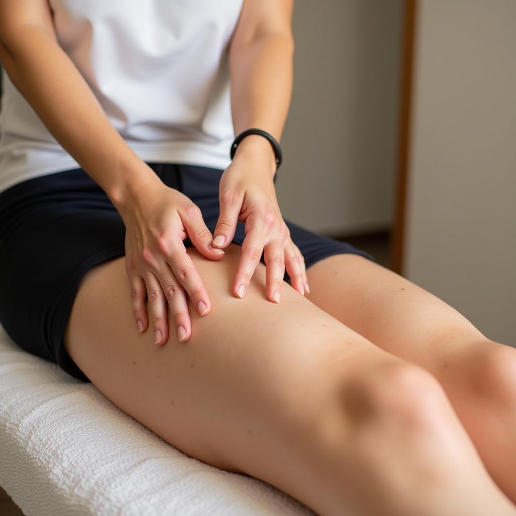 A therapist performing anti-cellulite massage on a client's leg