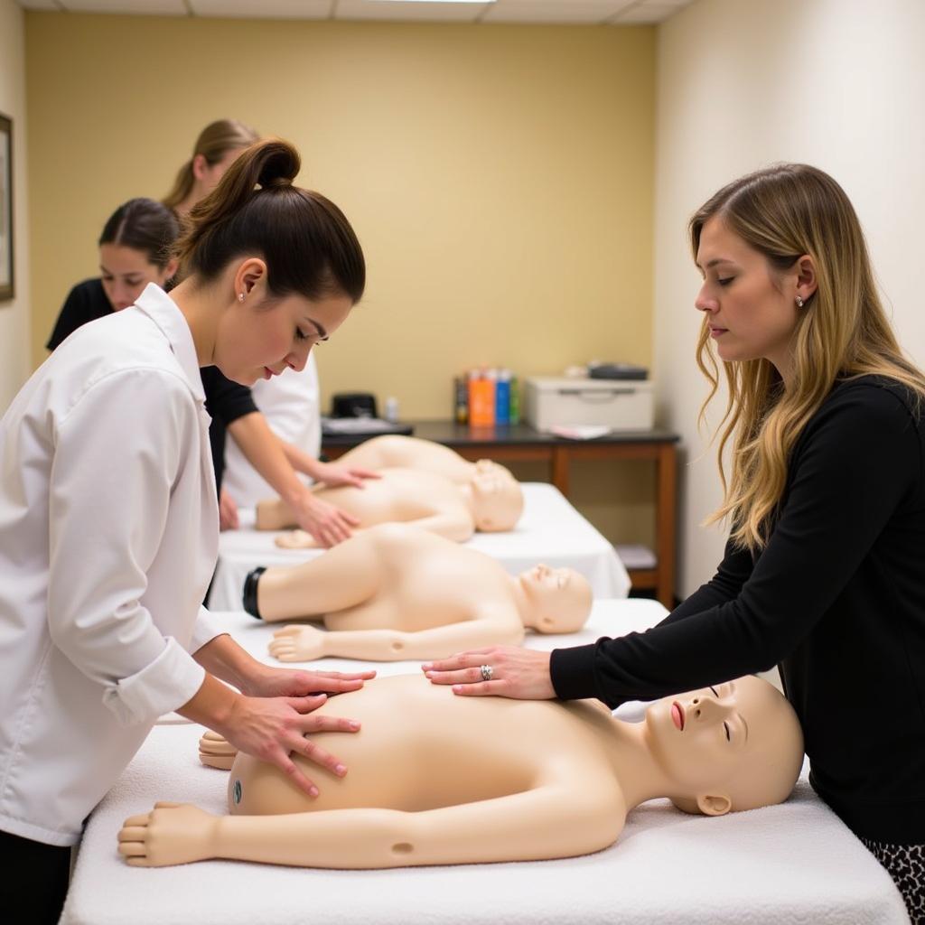 Students practicing massage techniques in a spa training program.