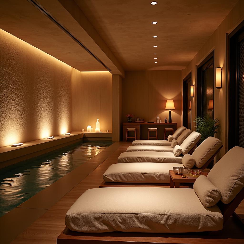 Relaxation area at Atlantis Spa Fort Lauderdale with comfortable seating, calming water features, and soft lighting.