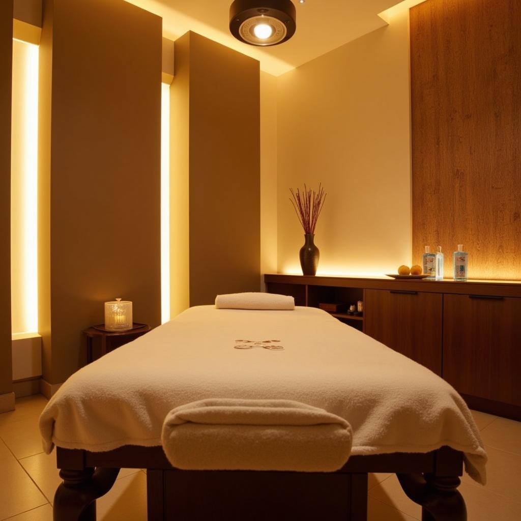 Luxurious treatment room at the Avari Hotel Dubai Spa with soft lighting, calming decor, and a comfortable massage table.