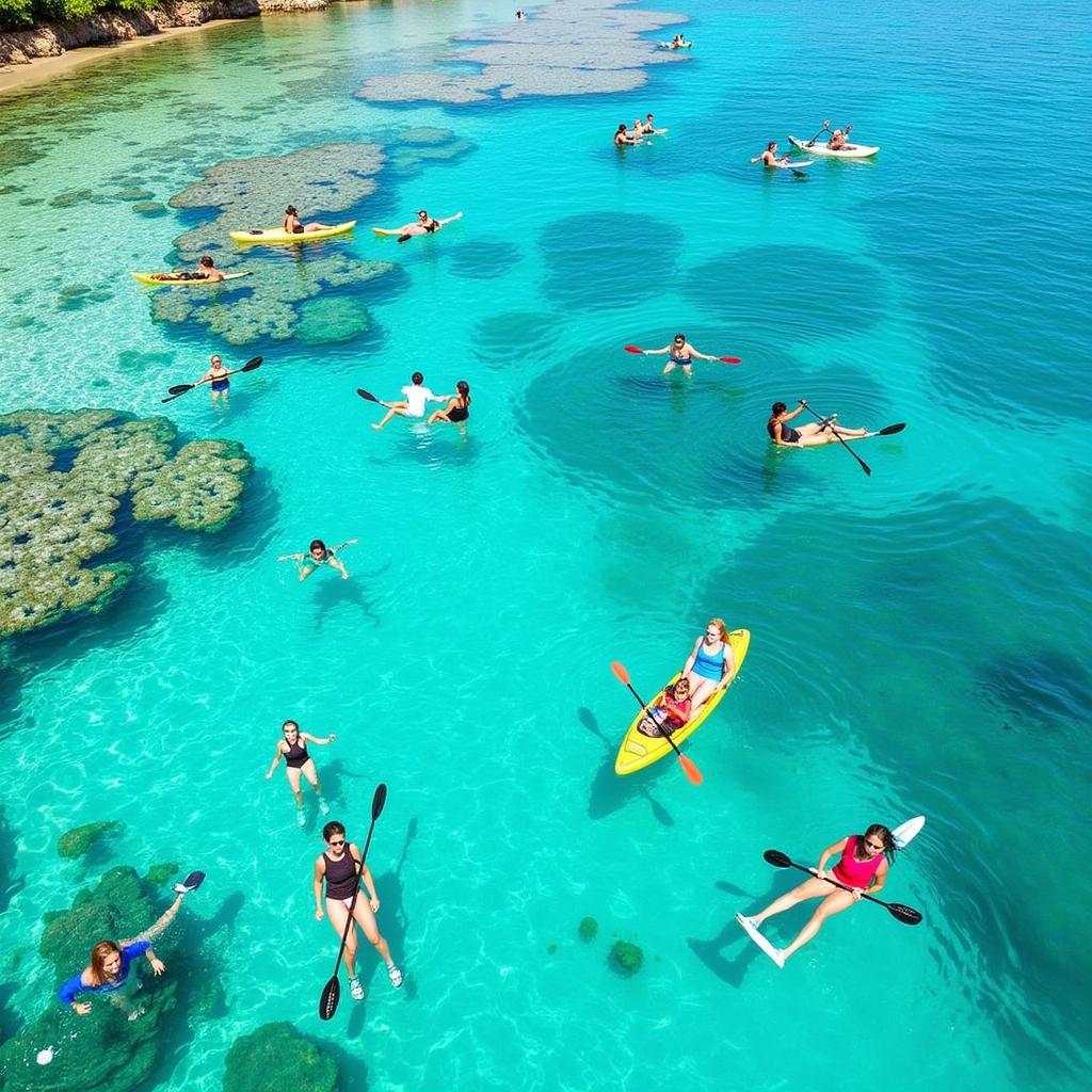 Guests enjoying various water sports activities at Avaton Resort & Spa, including snorkeling, kayaking, and paddleboarding.