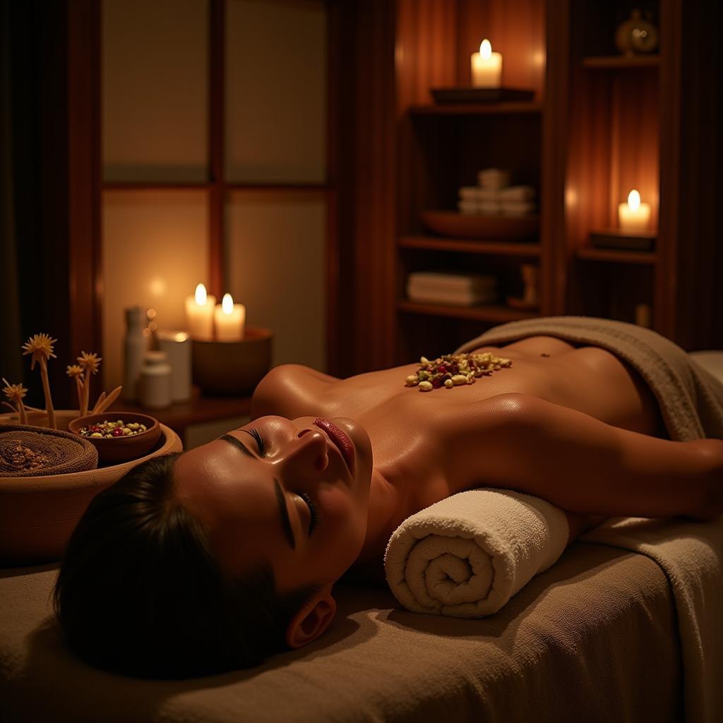 Ayurvedic spa treatment featuring herbal massage and steam therapy.