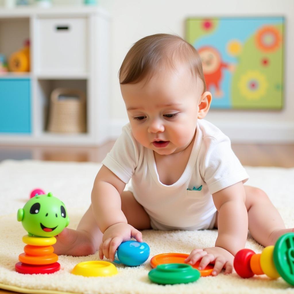 Baby reaching for colorful sensory toys