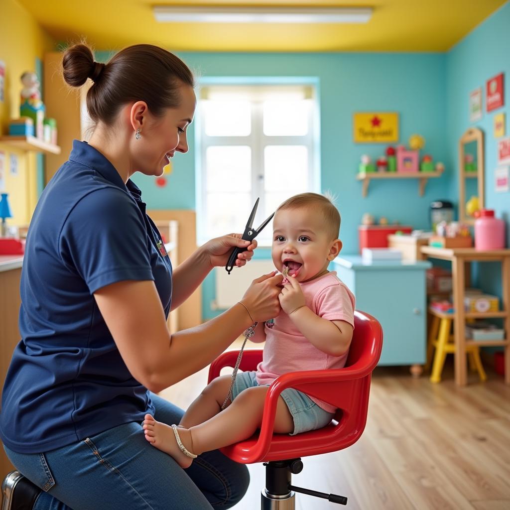 Baby getting their first haircut in a specialized salon