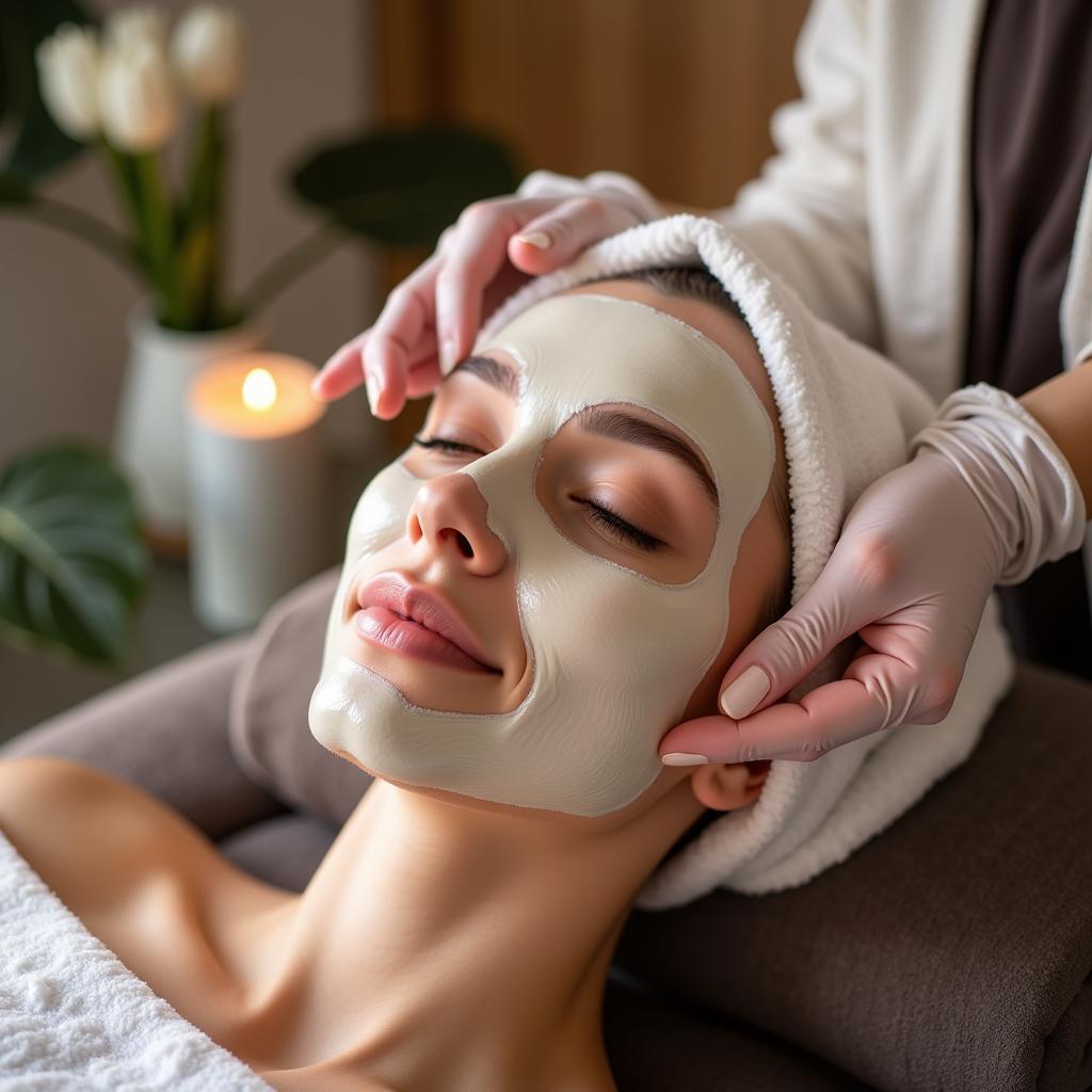 Close-up of a woman receiving a facial treatment at a spa