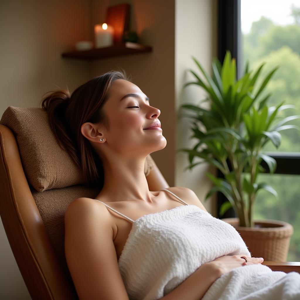 Woman relaxing in a serene spa setting after a treatment