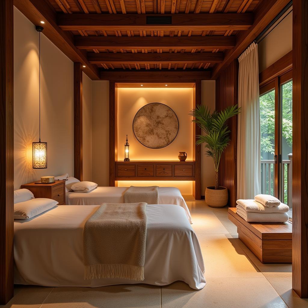 Tranquil interior of a commercial Chinese spa with traditional decor and soft lighting