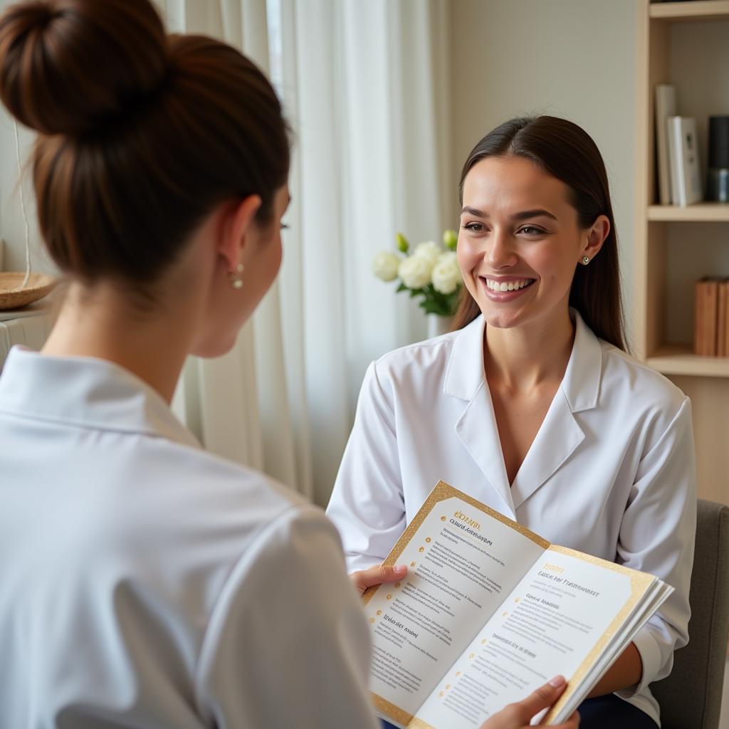 A woman consulting with a spa therapist about treatment options