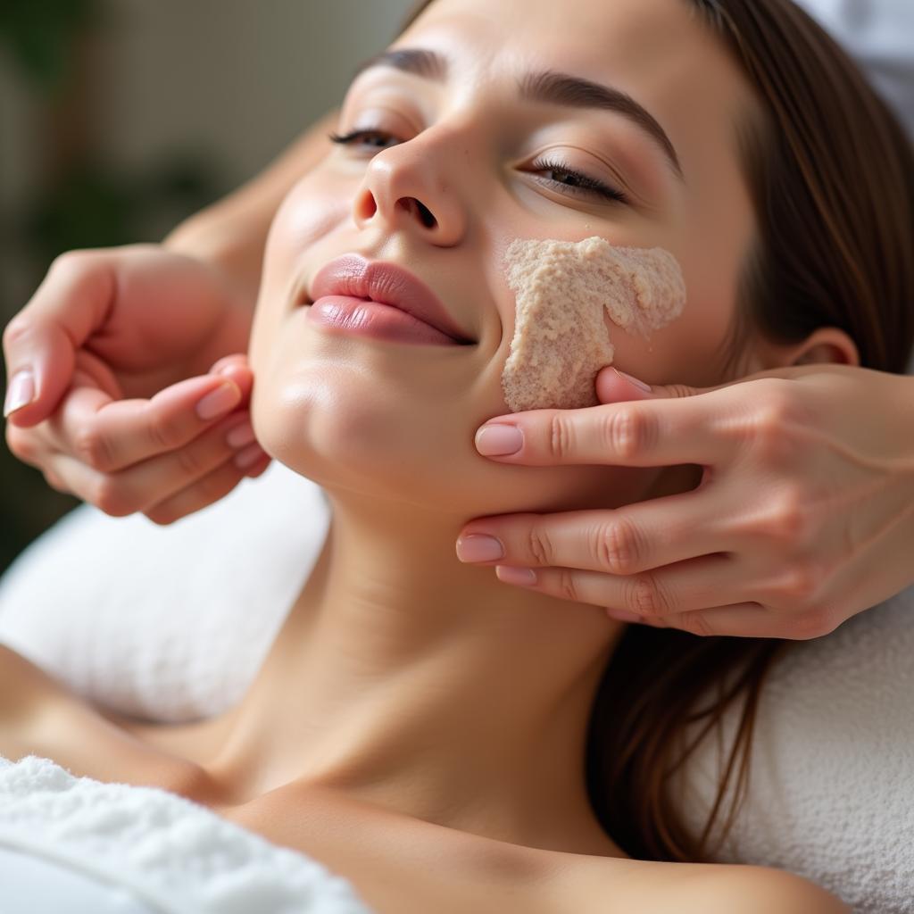 Close-up of a relaxing facial massage being performed at Clarins Spa Laval using Clarins products.