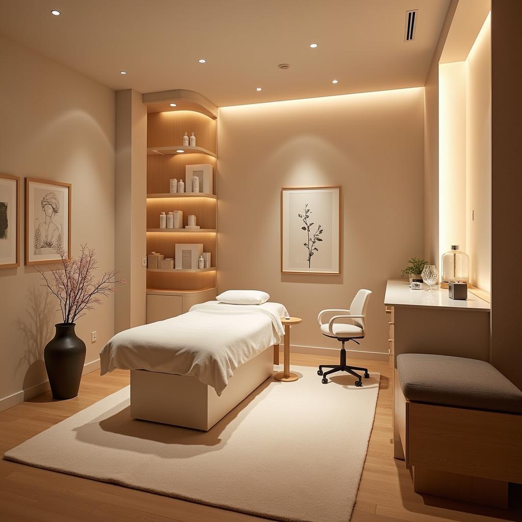 Serene and luxurious treatment room at Clarins Spa Laval with soft lighting and comfortable furnishings.