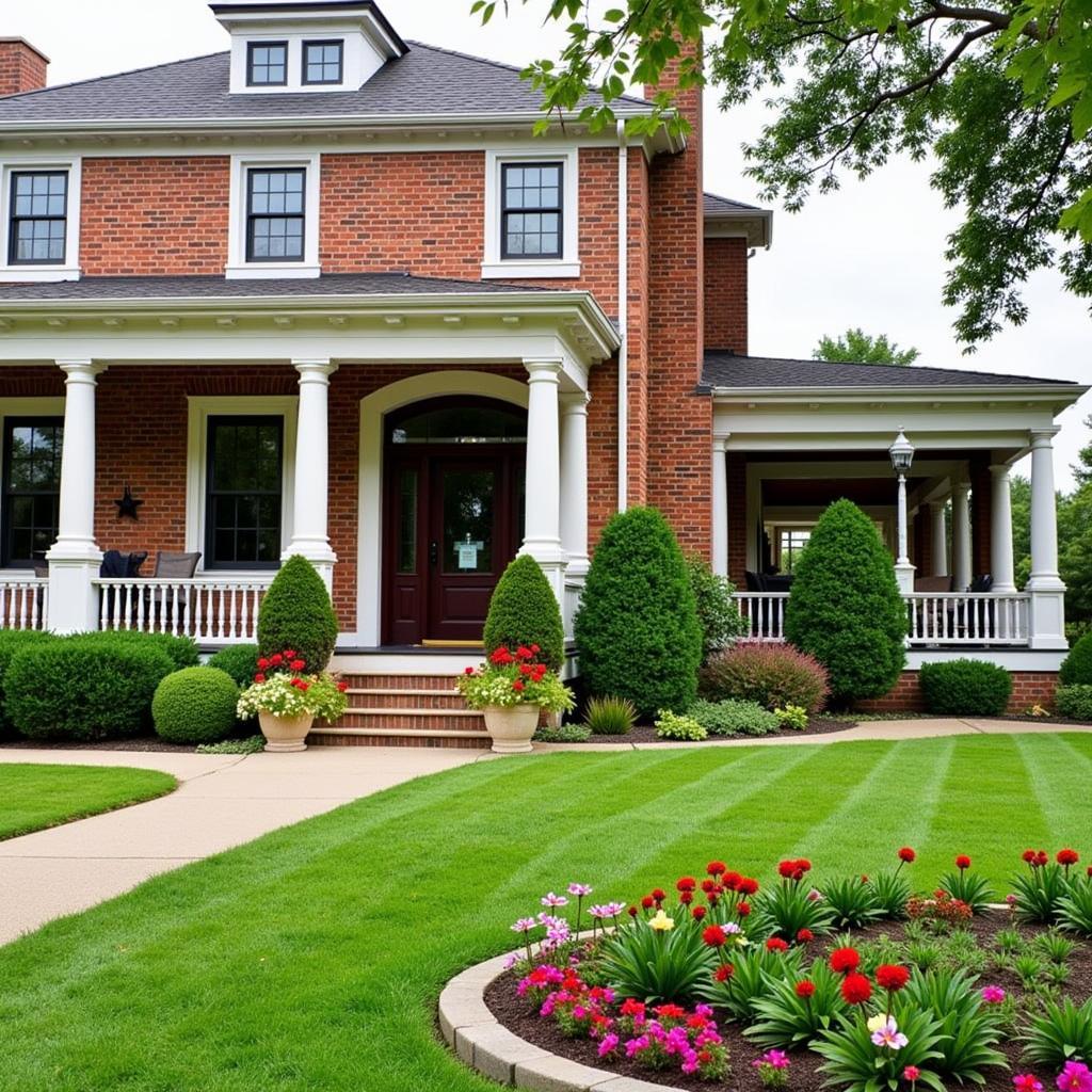 Exterior view of Crowne Pointe Historic Inn showing its historical architecture and beautiful landscaping