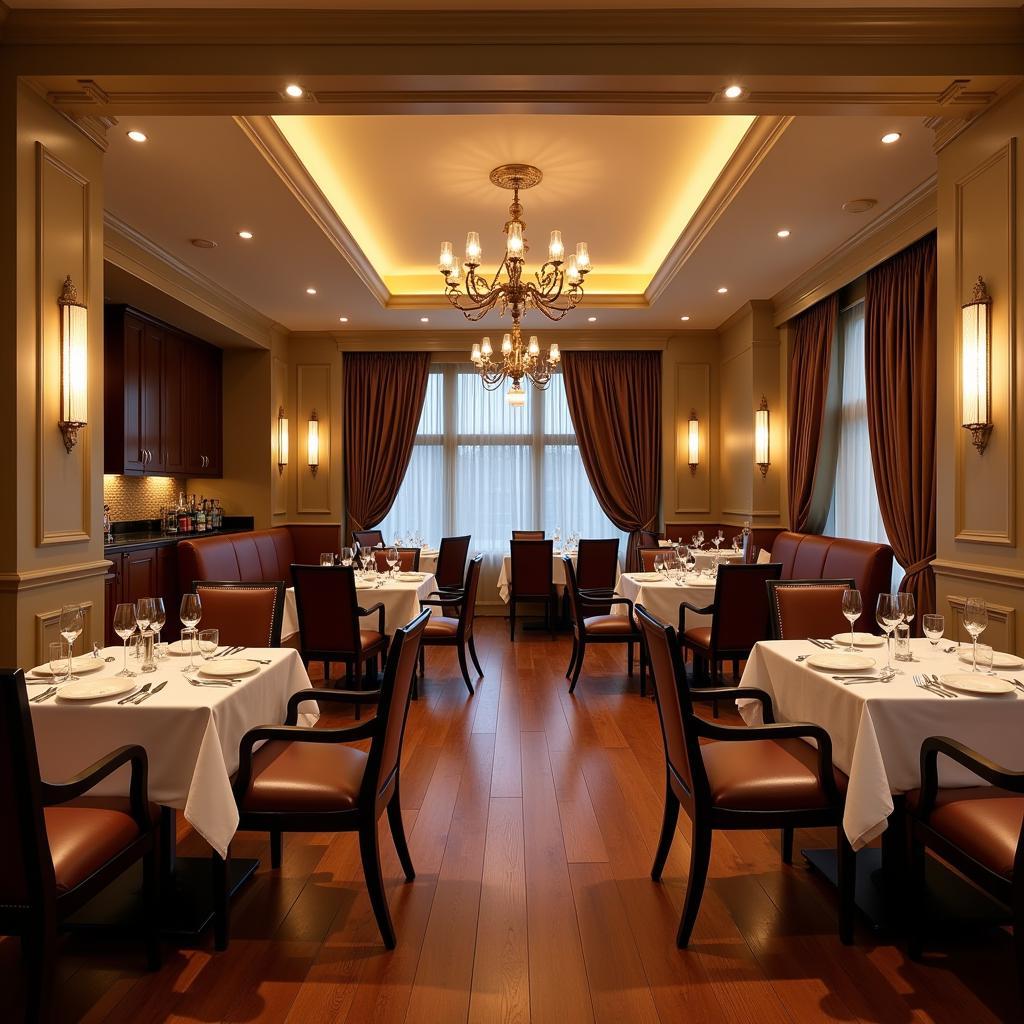 Elegant dining area in the Crowne Pointe restaurant with warm lighting and comfortable seating