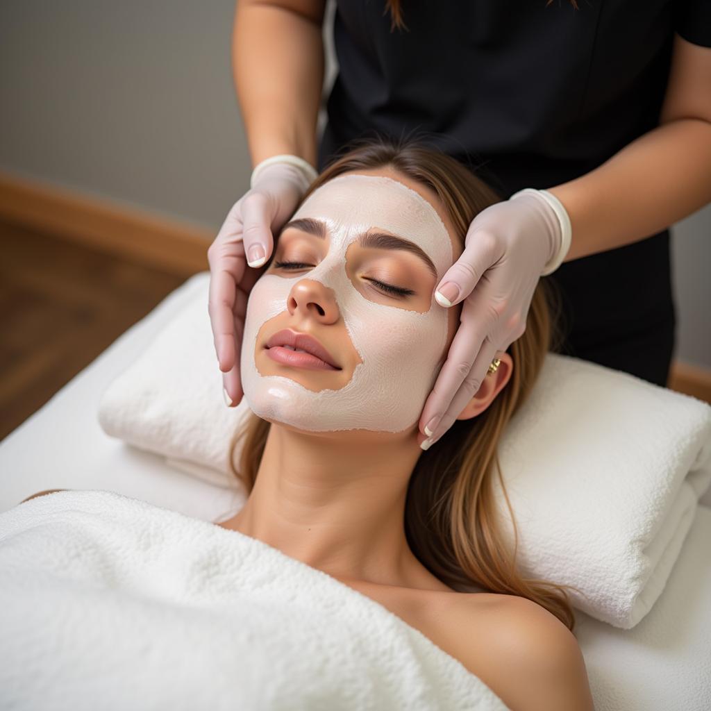 Close-up of a woman receiving a facial treatment at a spa in Dubai.