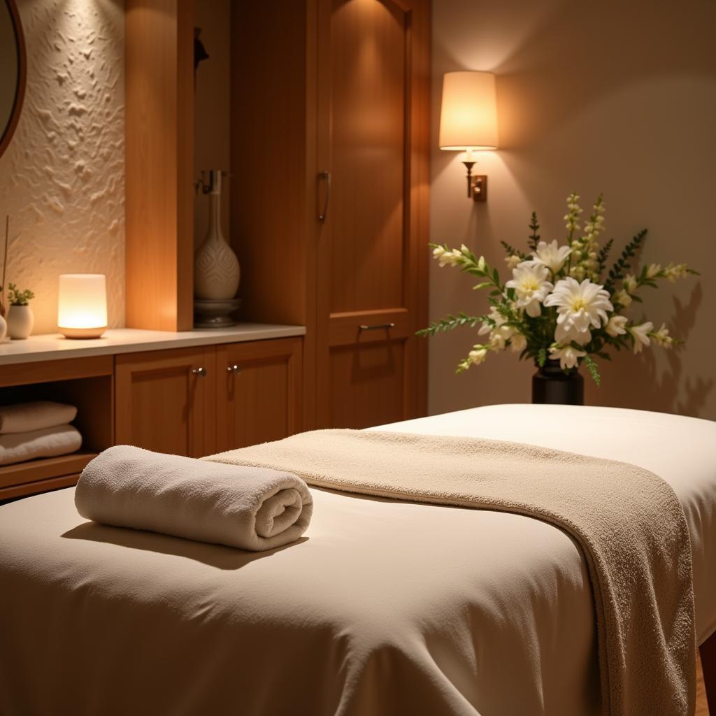 Serene spa treatment room at The Fern Resort and Spa with soft lighting and natural elements.