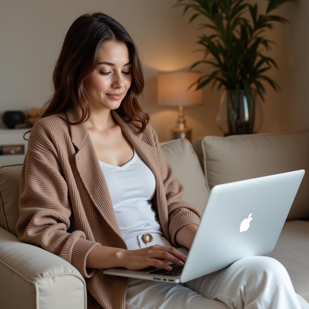 A woman researching spas on her laptop, comparing different treatments and reading reviews.